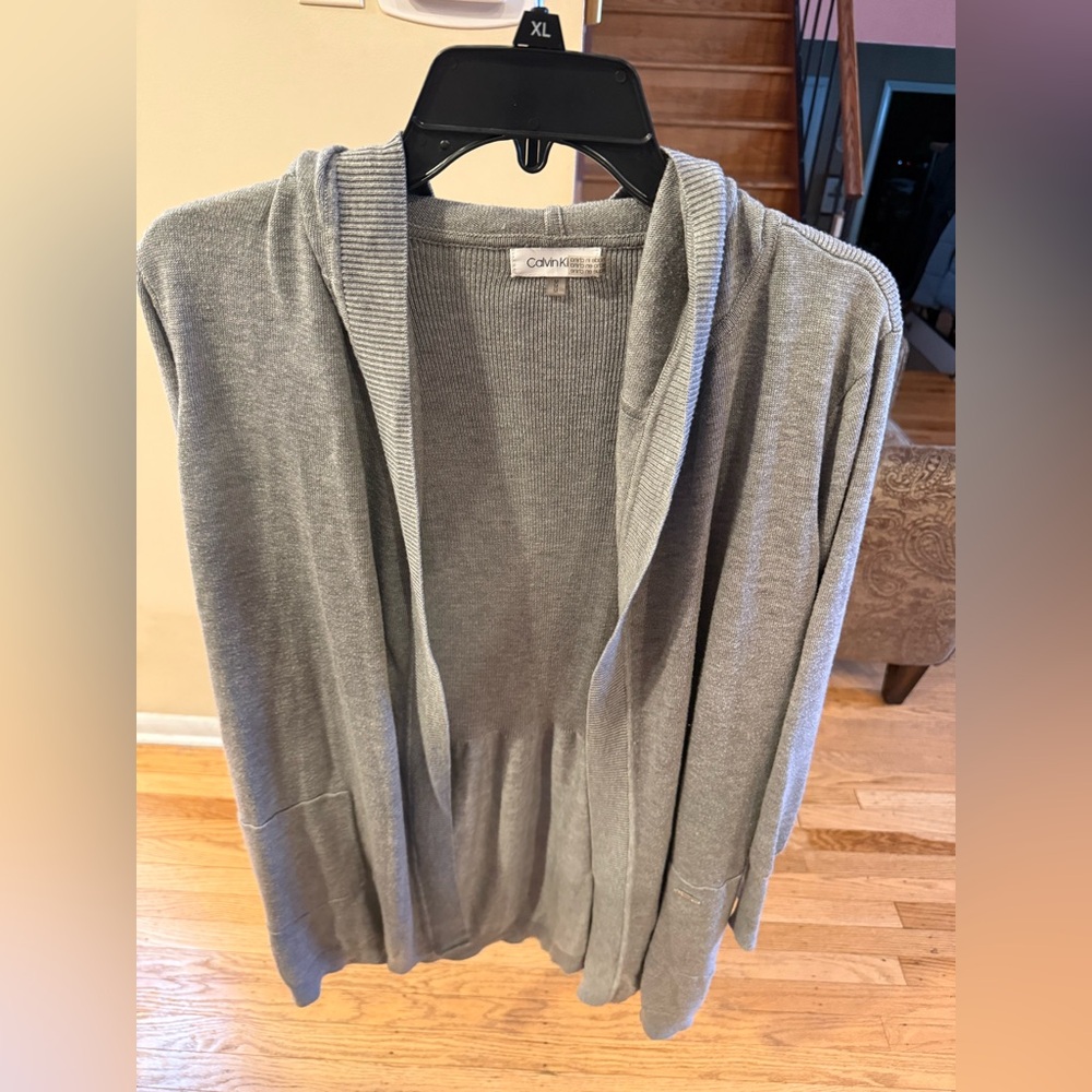 Calvin Klein Gray Hooded Open Front Sweater Cardigan- Medium